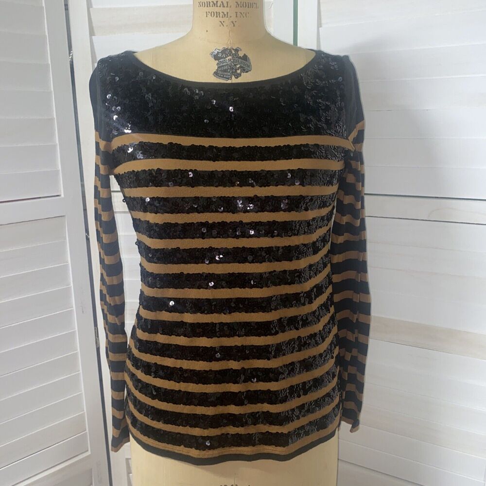 Ann Taylor Loft Sequin Striped Top Size Medium Long Sleeve Black Brown